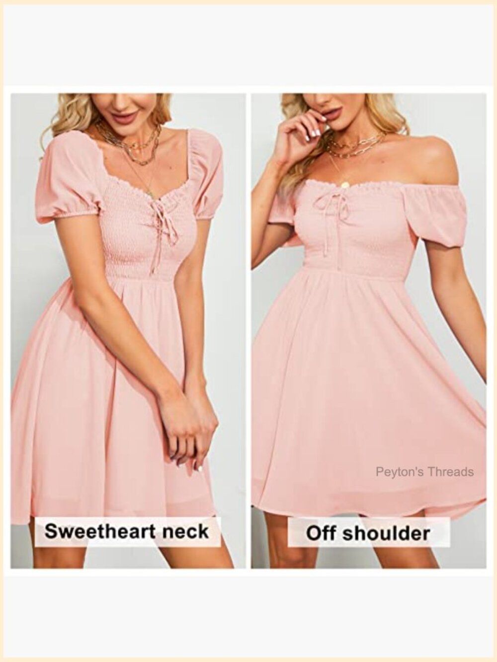 Sweetheart Neckline Dress Smocked Sundress Puff Short Sleeve Drawstring - Picture 2 of 7